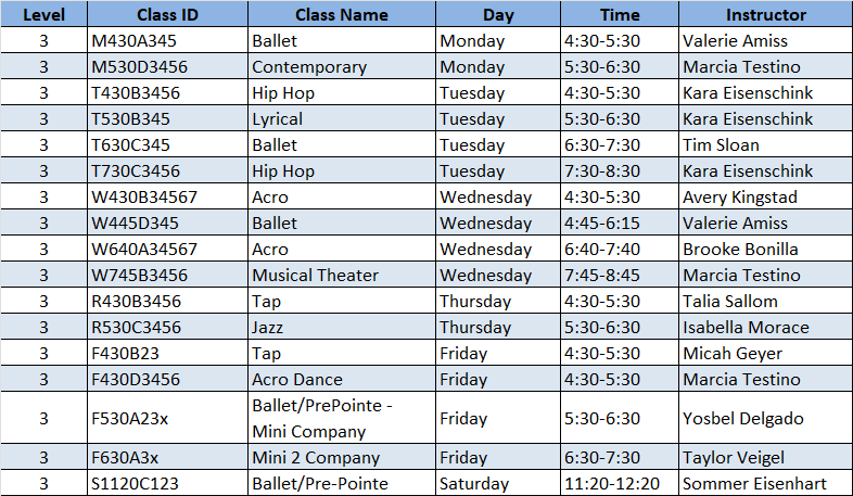 Level 3 Schedule