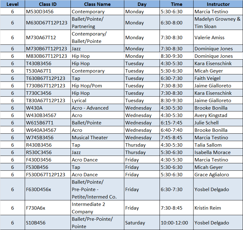 Level 6 Schedule