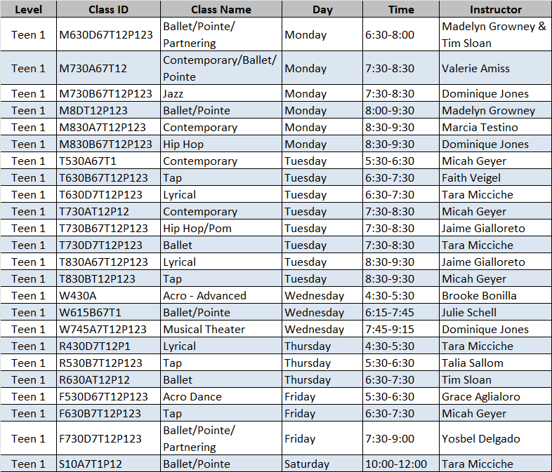 Level Teen 1 Schedule
