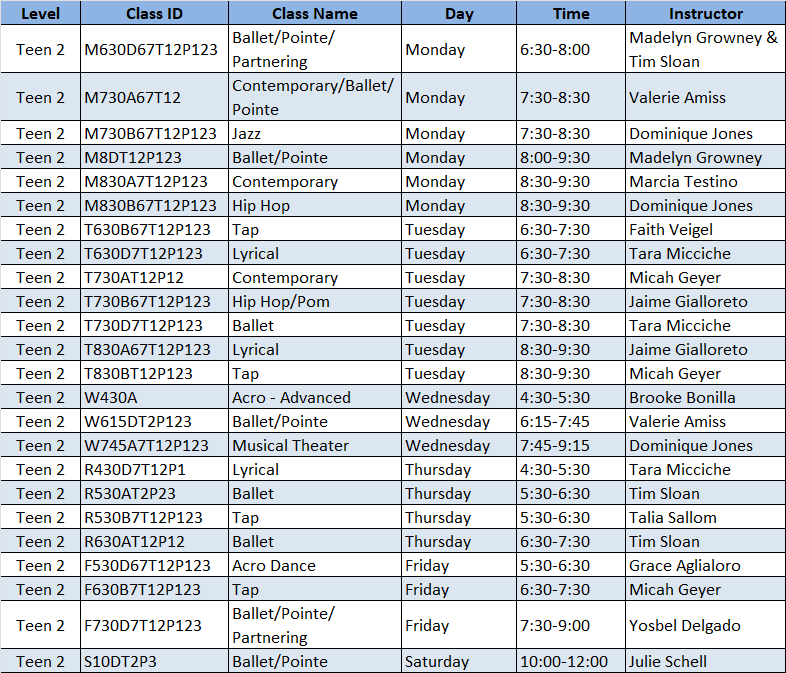 Level Teen 2 Schedule