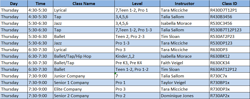 Thursday Class Schedule