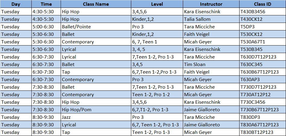 Tuesday Class Schedule